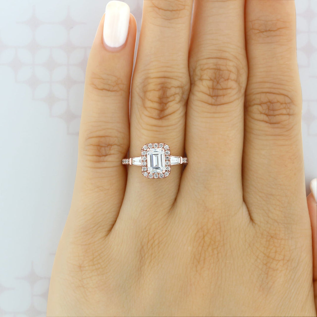 1.60ct Emerald Cut Gabriel Halo 4 Prong Moissanite Solitaire Engagement Ring