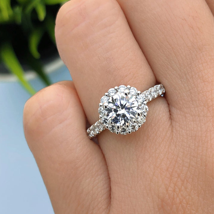 1.28ct Round Cut Floral Halo 4 Prong Moissanite Solitaire Engagement Ring