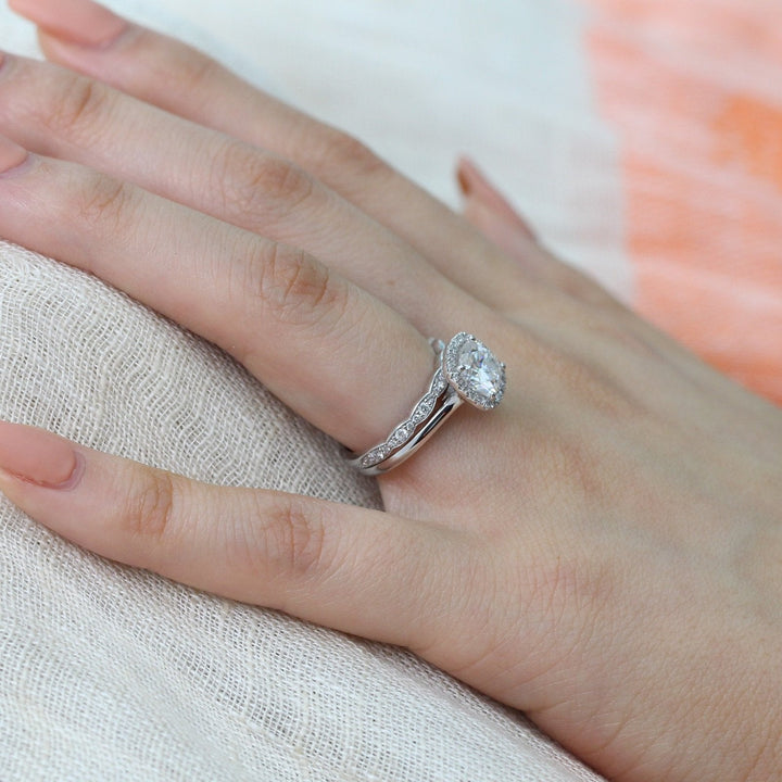 1.65CT Cushion Cut Moissanite Halo Bridal Engagement Ring Set