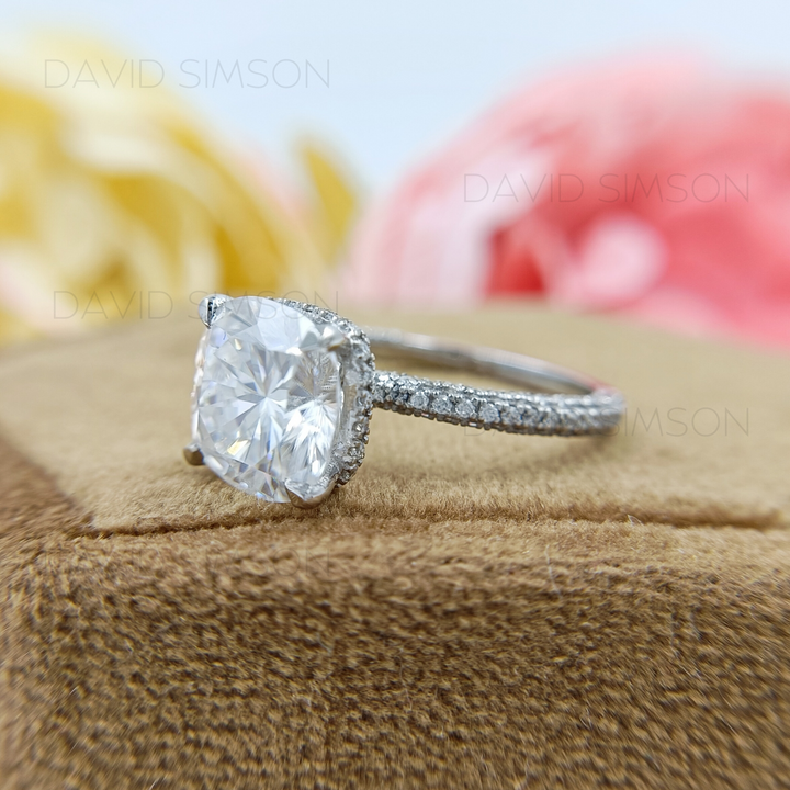 3.87CT Cushion Cut Diamond Halo Moissanite Engagement Ring