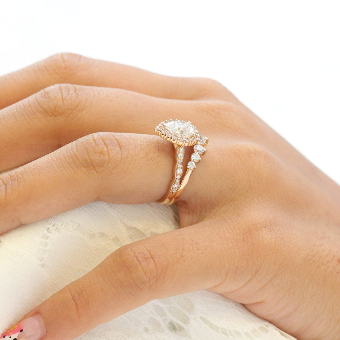 1.60CT Pear Cut Moissanite Halo Bridal Engagement Ring Set