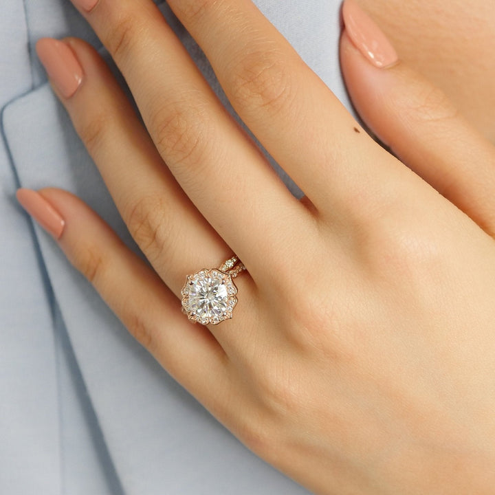 2.30CT Vintage Floral Cushion Cut Moissanite Halo Bridal Engagement Ring Set