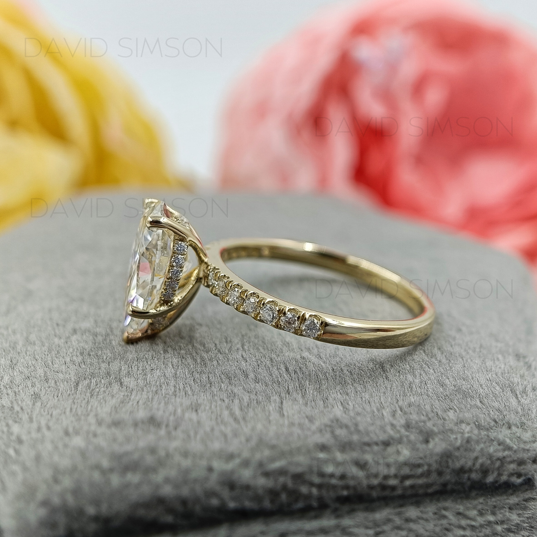 3.0CT Pear Cut Diamond Moissanite Hidden Halo Engagement Ring
