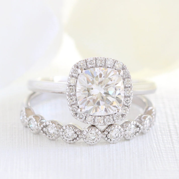 2.30CT Vintage Floral Cushion Cut Moissanite Halo Bridal Engagement Ring Set
