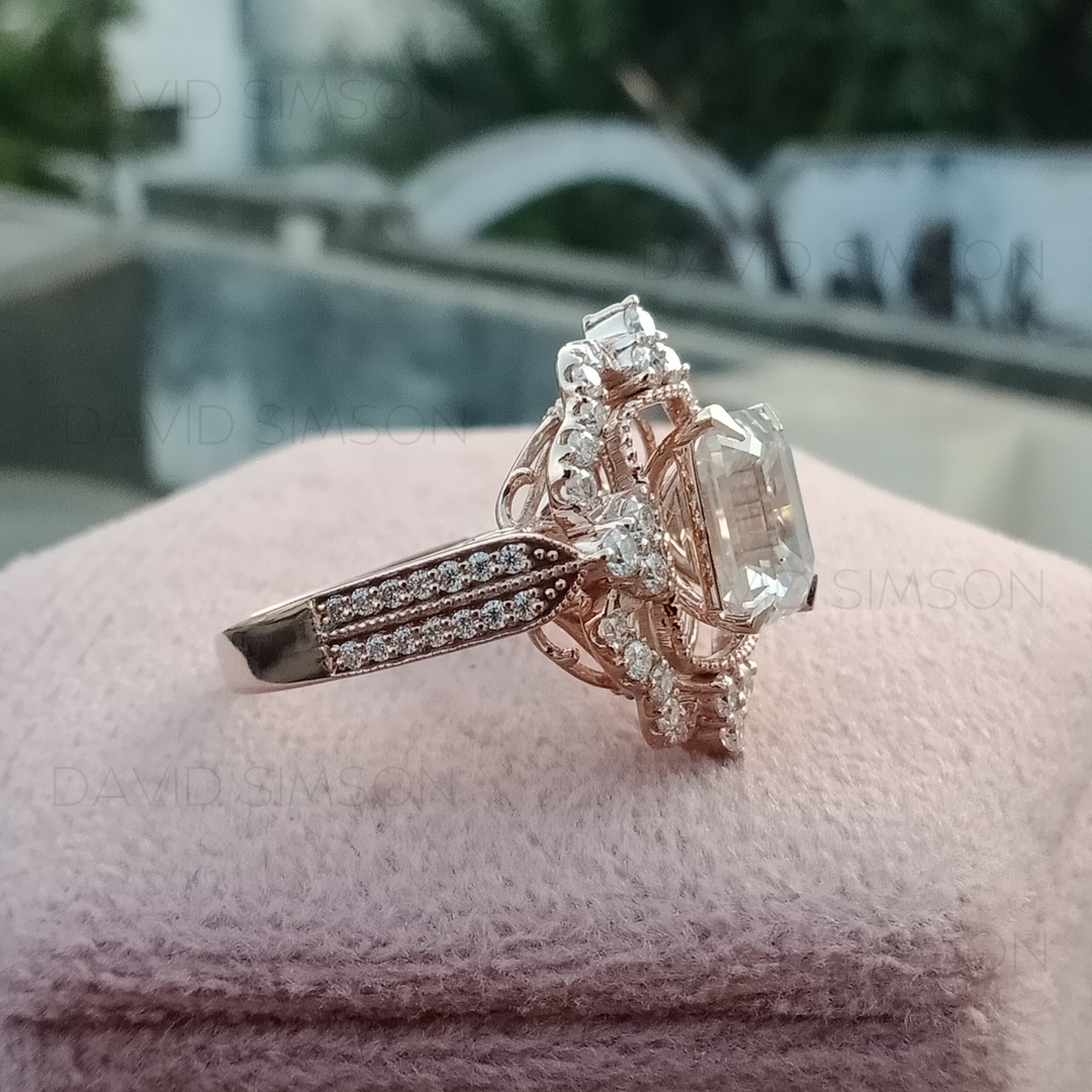 1.0CT Vintage Emerald Cut Diamond Moissanite Halo Engagement Ring