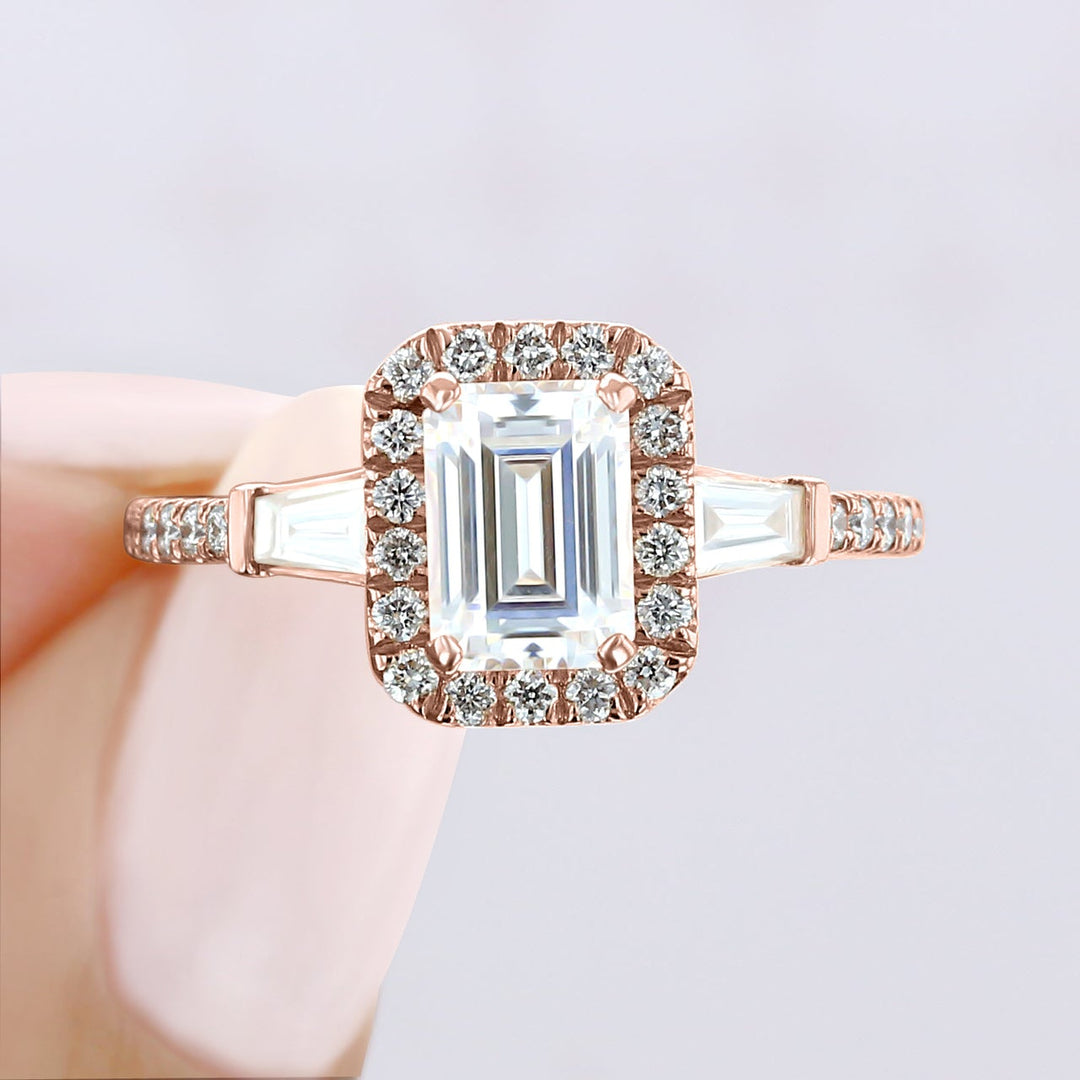 1.60ct Emerald Cut Gabriel Halo 4 Prong Moissanite Solitaire Engagement Ring