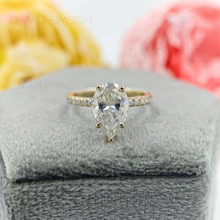 3.0CT Pear Cut Diamond Moissanite Hidden Halo Engagement Ring