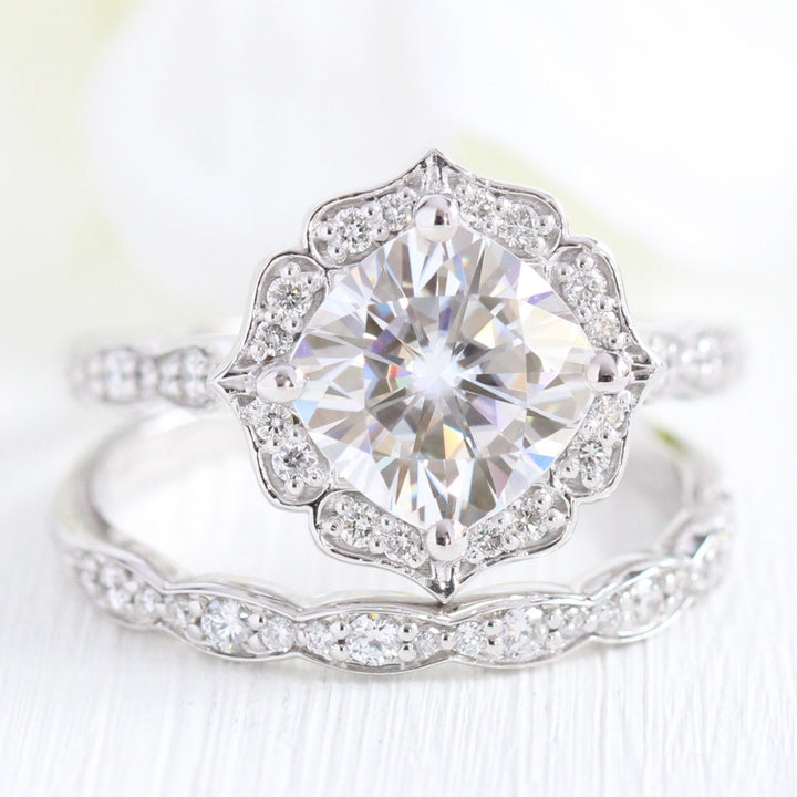 2.30CT Vintage Floral Cushion Cut Moissanite Halo Bridal Engagement Ring Set