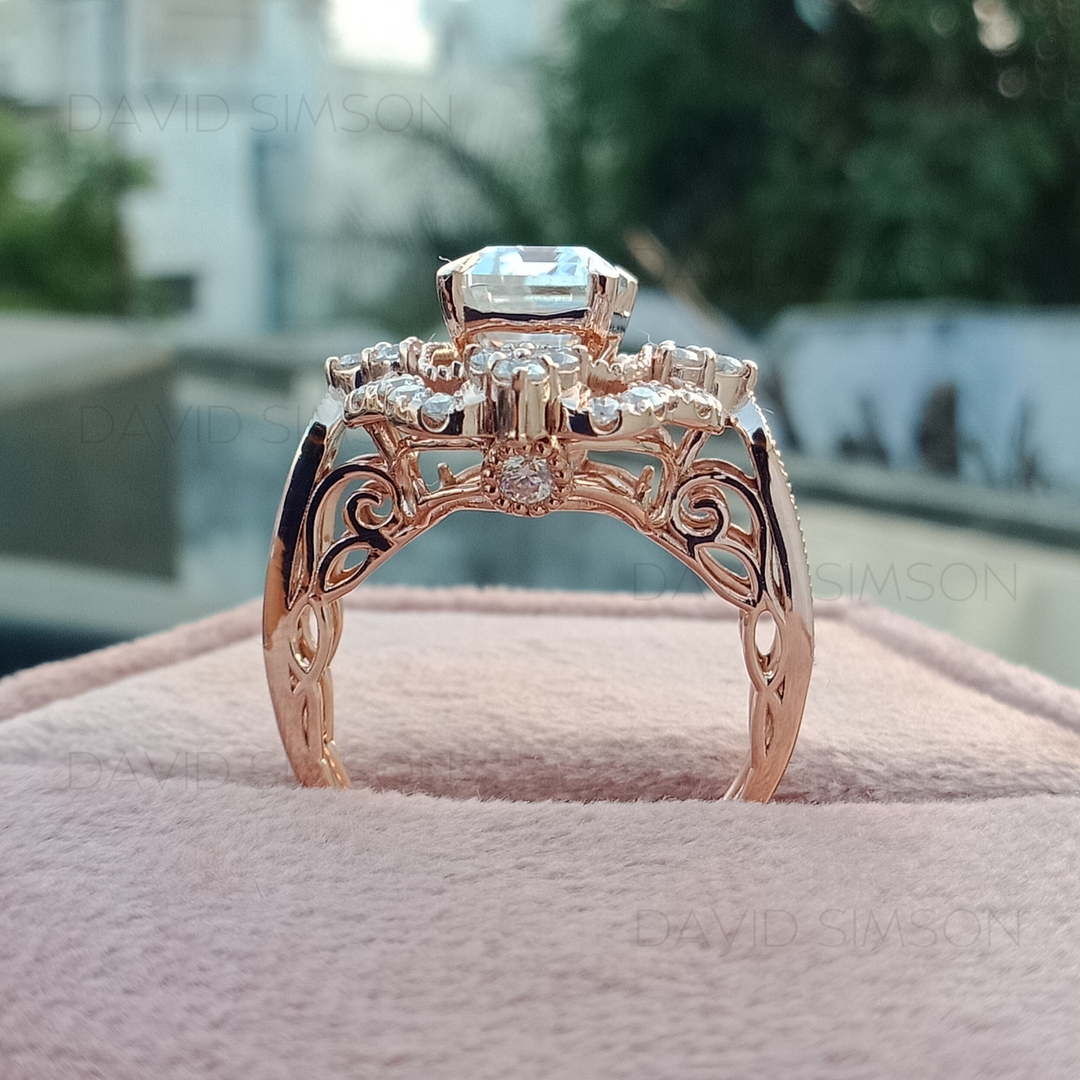 Vintage Emerald Cut Diamond Moissanite Halo Engagement Ring