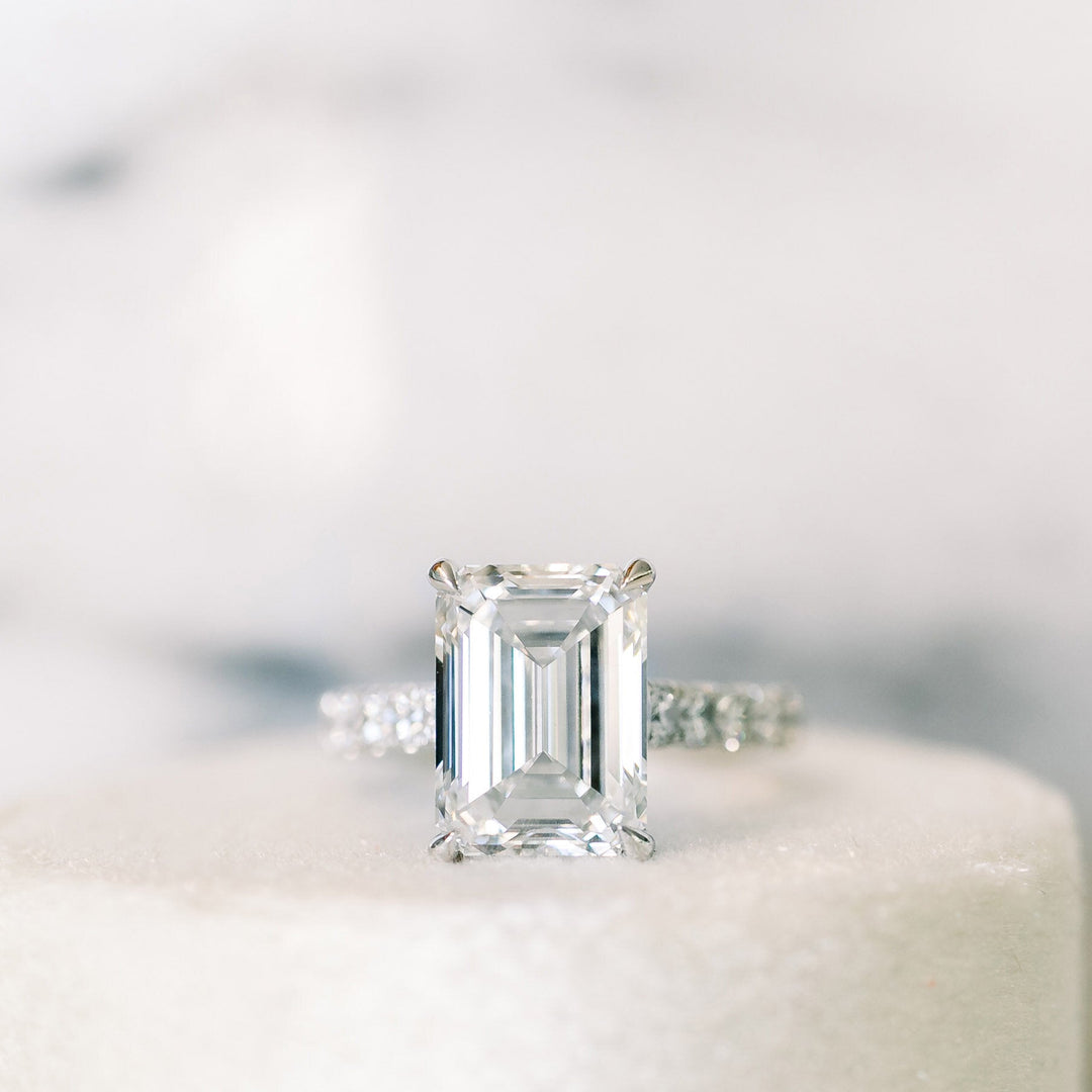 1.75CT Emerald Cut Moissanite Cathedral Pave Diamond Engagement Ring