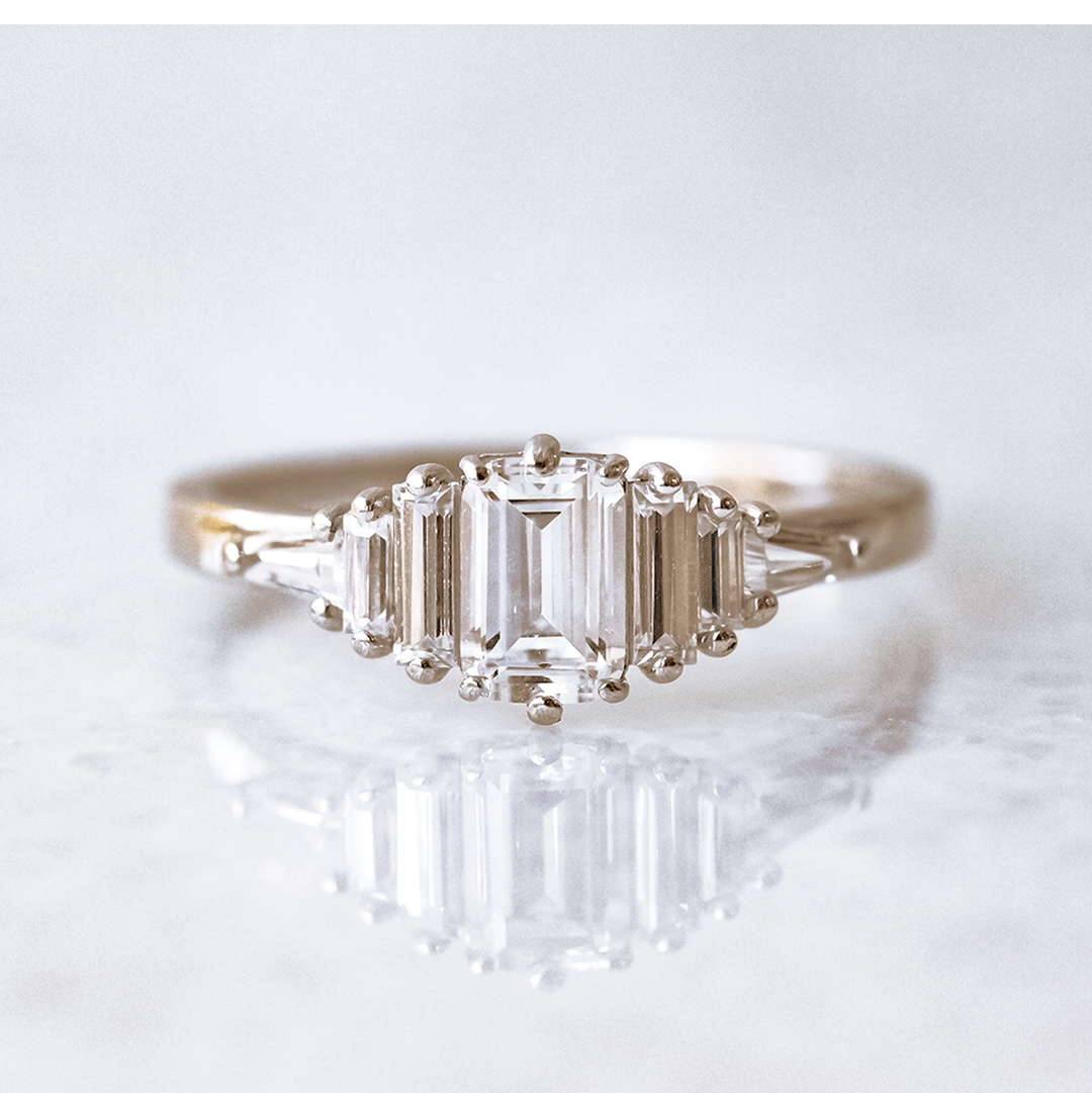 0.60 Emerald Cut Cluster Baguette Moissanite Engagement Ring