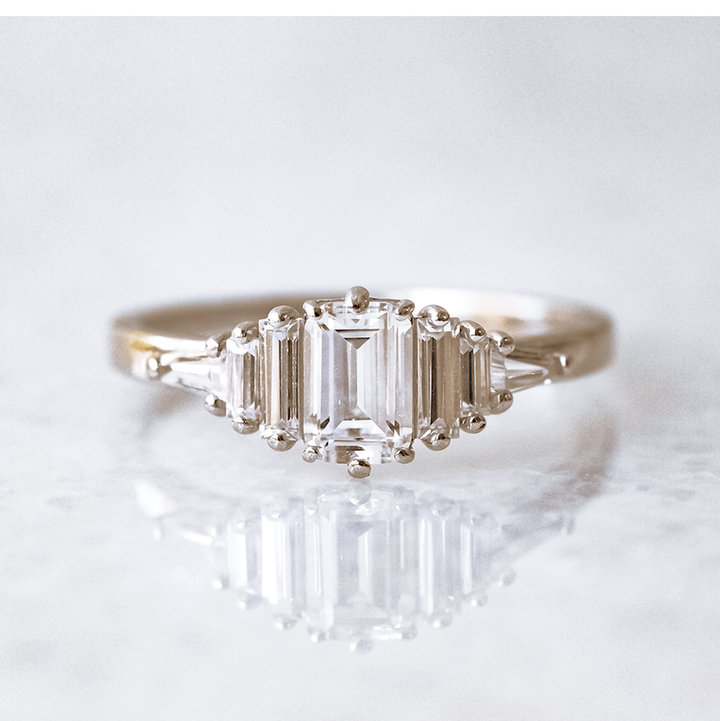 0.60 Emerald Cut Cluster Baguette Moissanite Engagement Ring