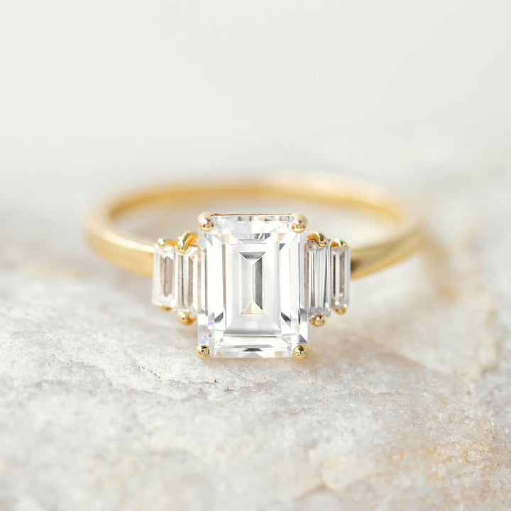 1.60CT Emerald Cut Moissanite 5 Stone Engagement Ring 18K Solid Yellow Gold Ring