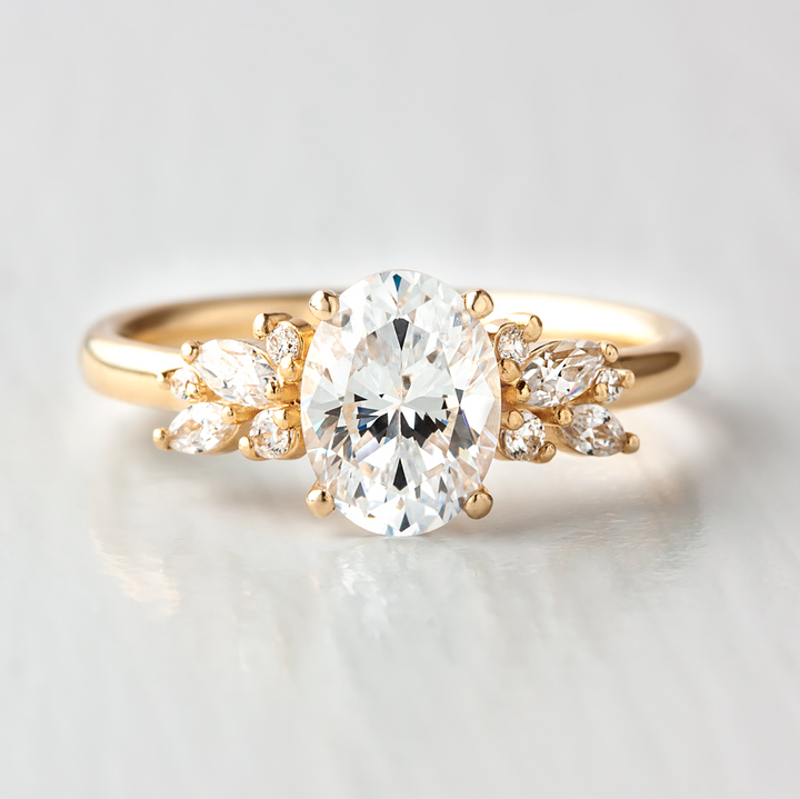 1.93CT Oval Cut Moissanite Cluster Engagement Ring in 14K Yellow Gold