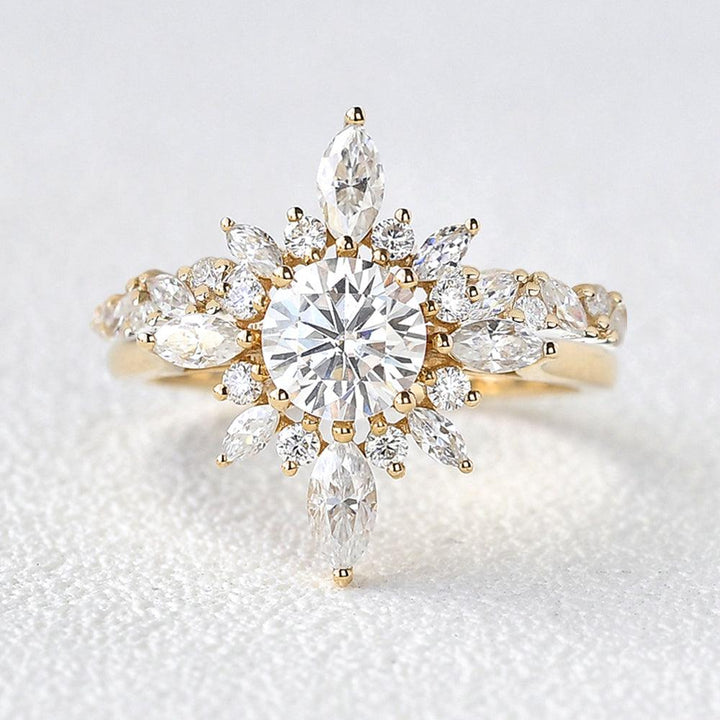 1.0ct Round Cut Moissanite Floral Marquise Cluster Ring Set In 18K Solid Gold For Her