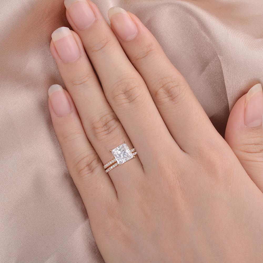 2.0CT Princess Cut Moissanite Hidden Halo Engagement Ring with Full Eternity Wedding Band