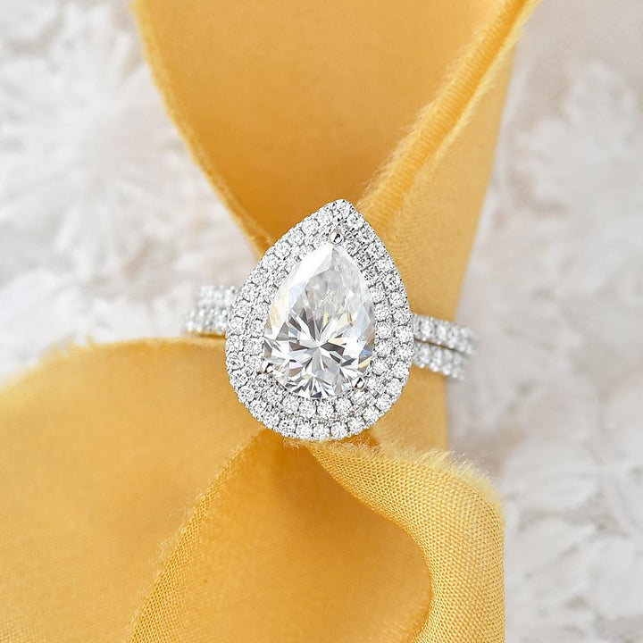 1.86CT Pear Cut Moissanite Double Halo Engagement Ring with Full Eternity Wedding Band