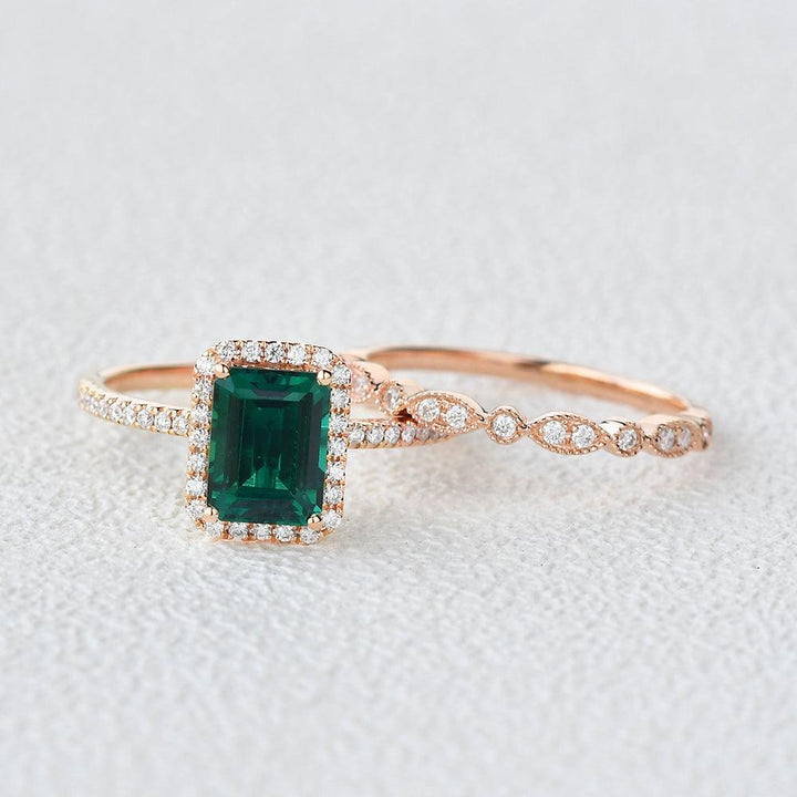 1.91ct Emerald & Moissanite Halo Gold Bridal Ring Set 18K Rose Gold For Her