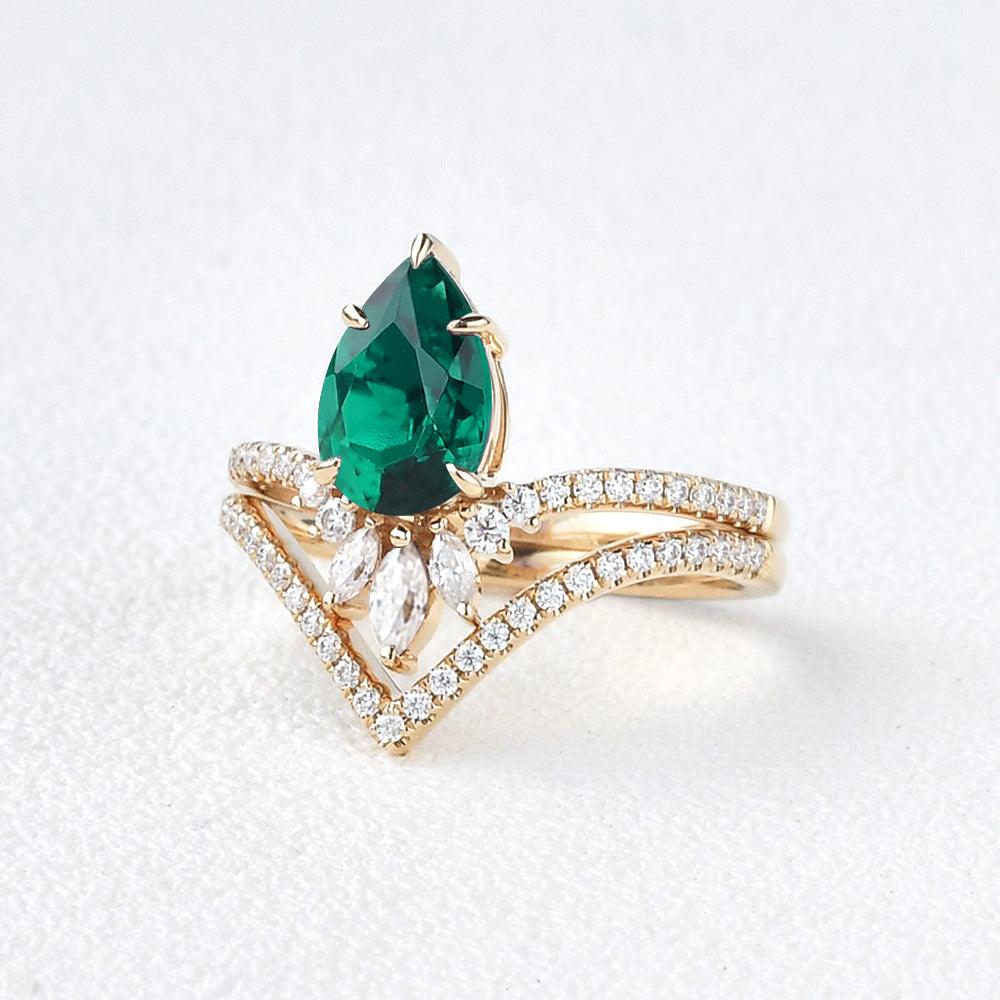 1.70ct Pear Emerald Vintage Style Iconic Bridal Ring Sets In 18K Solid Gold For Her