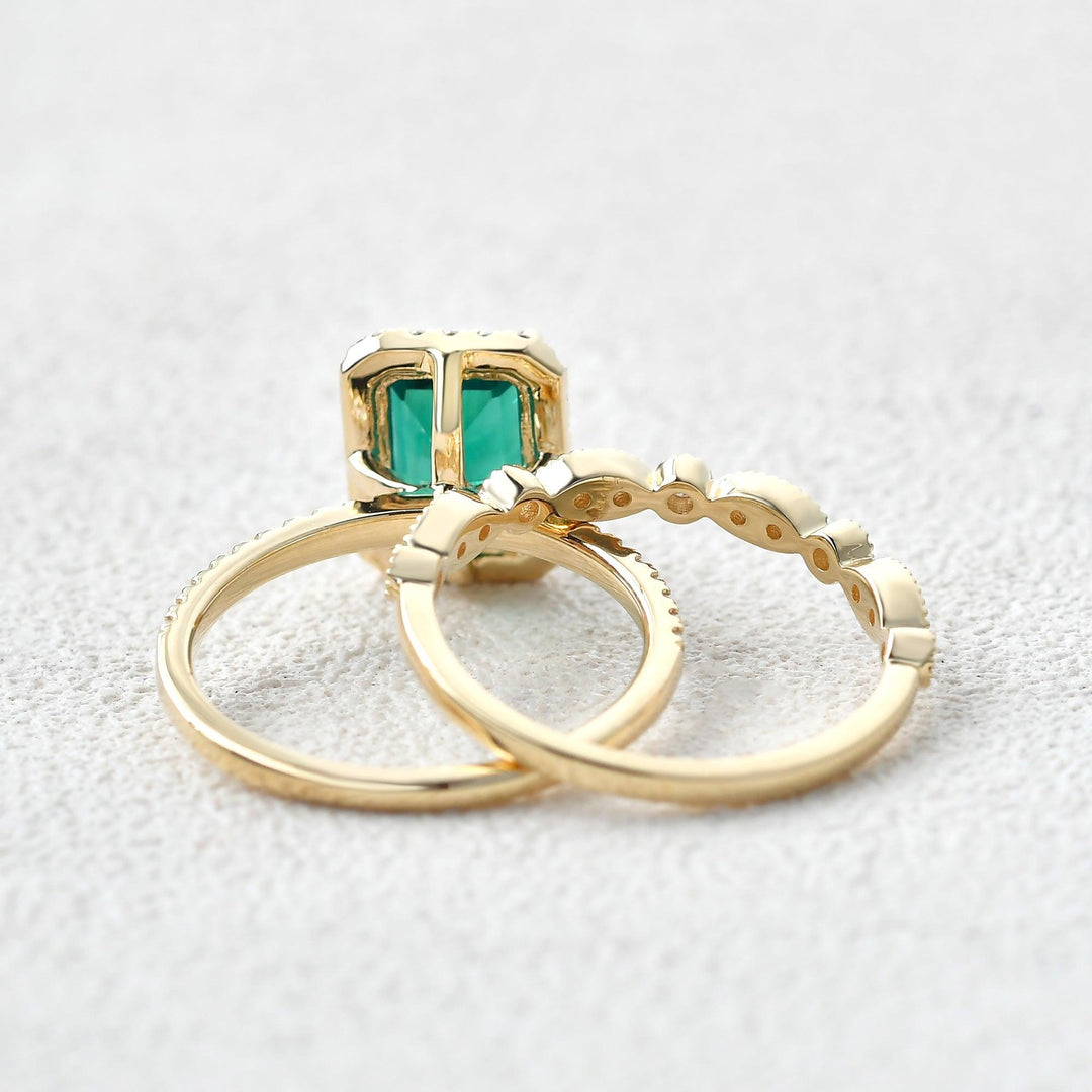 1.91ct Emerald & Moissanite Halo Gold Bridal Ring Set 18K Rose Gold For Her
