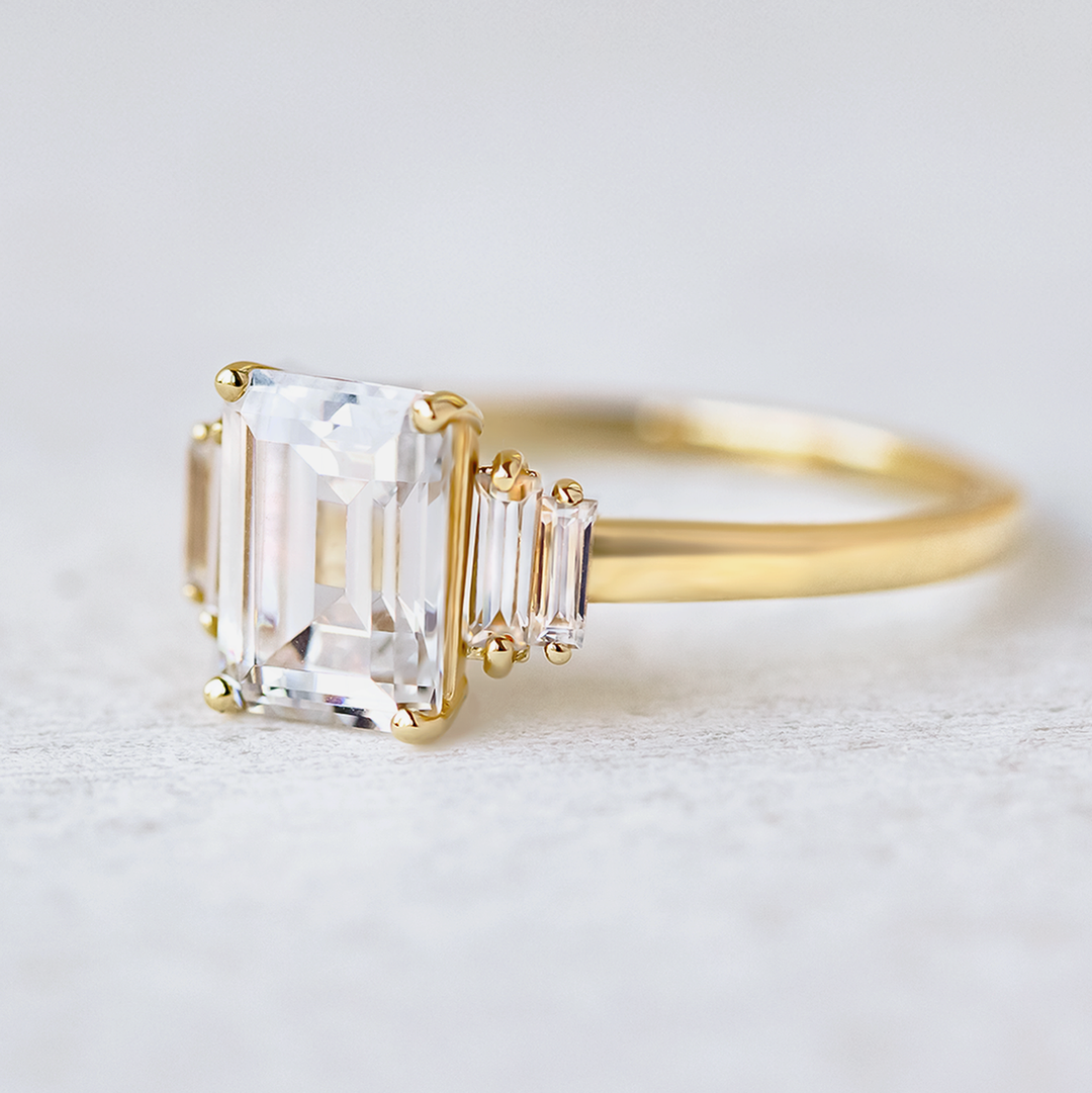1.60CT Emerald Cut Moissanite 5 Stone Engagement Ring 18K Solid Yellow Gold Ring