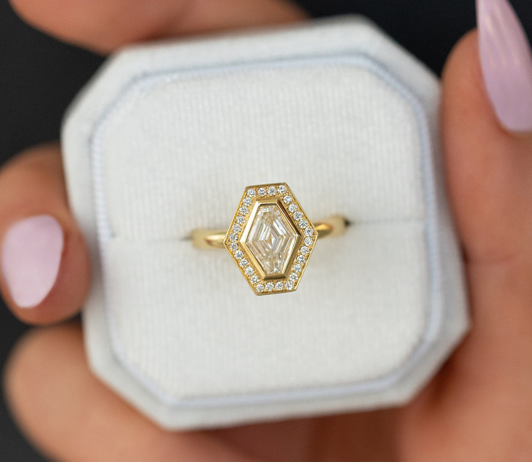 1.0CT Lozenge cut Halo Moissanite Diamond Engagement Ring
