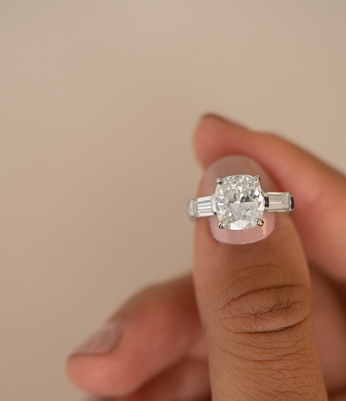 Elongated Cushion Three Stone Moissanite Diamond Engagement