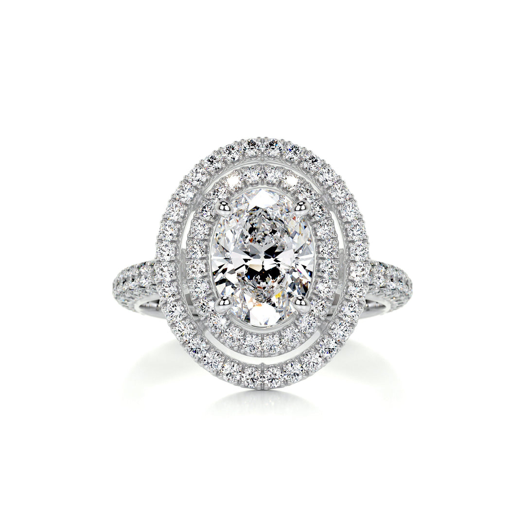 1.50 Carat Oval Cut Double Halo Moissanite 3 Side Pave Engagement Ring