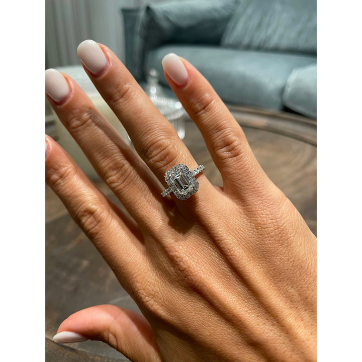 1.5 Carat Emerald Cut Halo Moissanite Engagement Ring