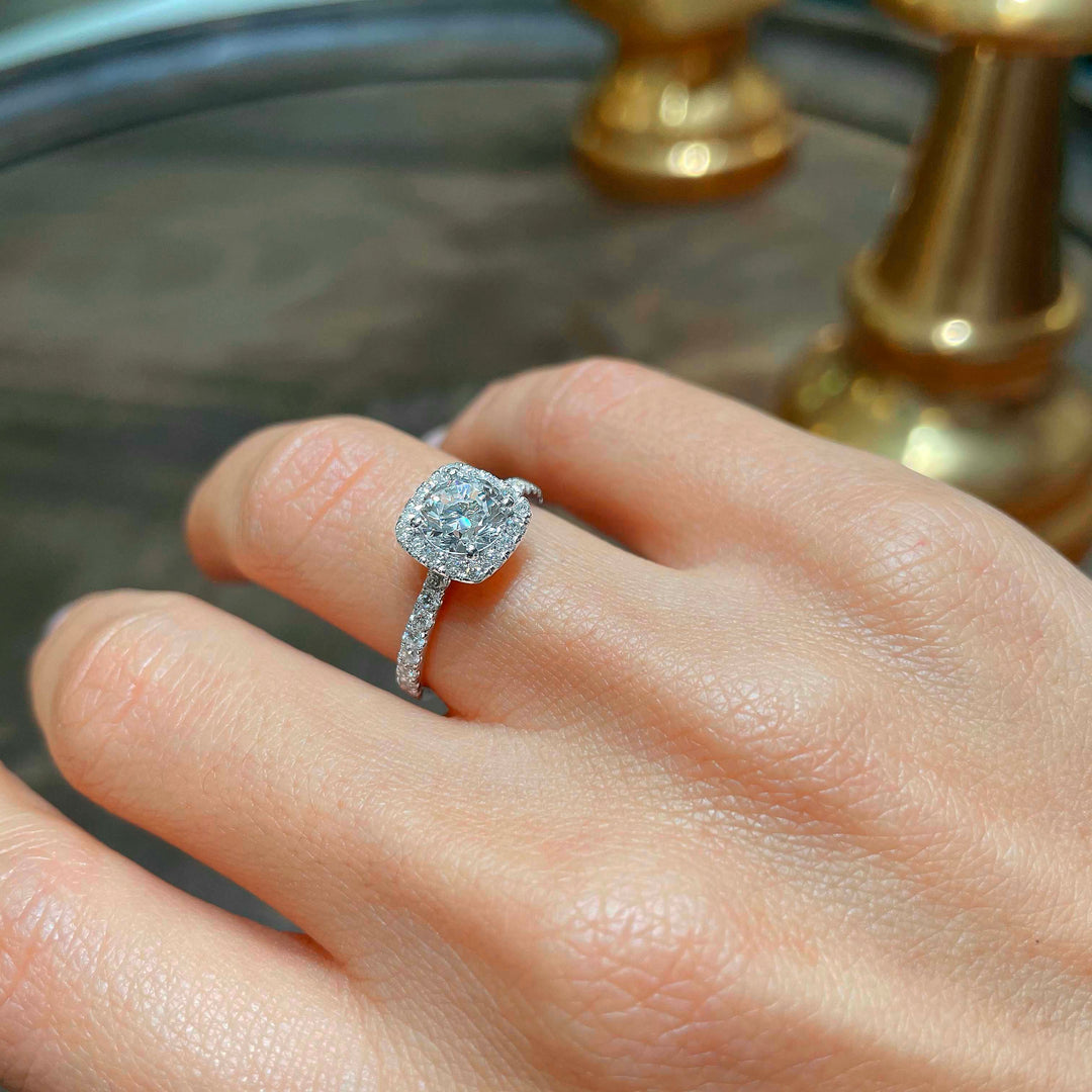 1.60 Carat Round Halo Moissanite Cathedral Setting Engagement Ring