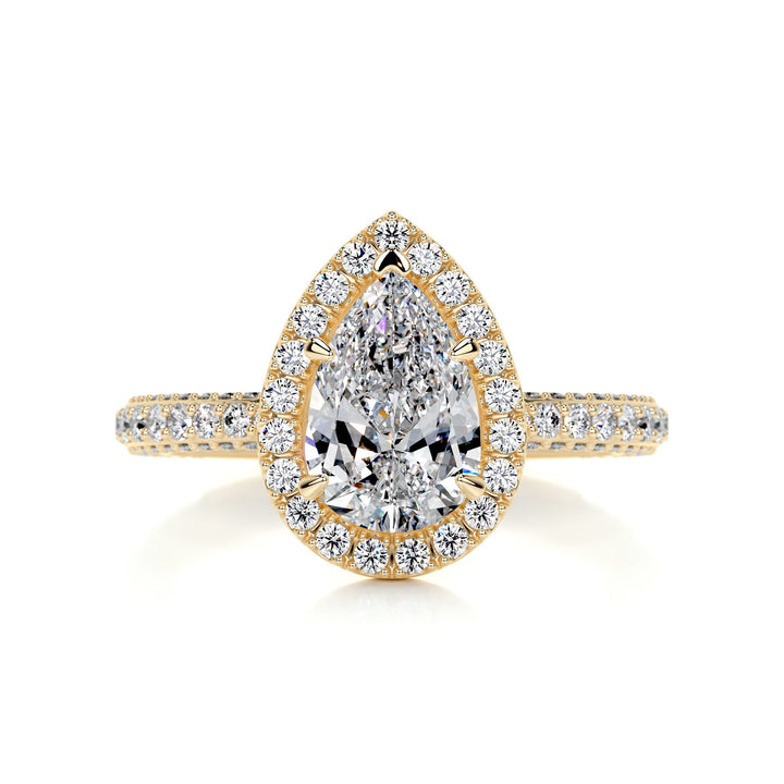 2.0 Carat Pear Cut Moissanite Halo 3 Side Pave Engagement Ring