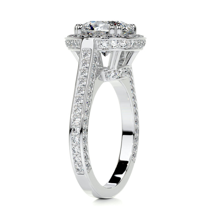2.0 Carat Round Cut Moissanite Bezel Setting Halo Style 3 Side Pave Diamond Engagement Ring