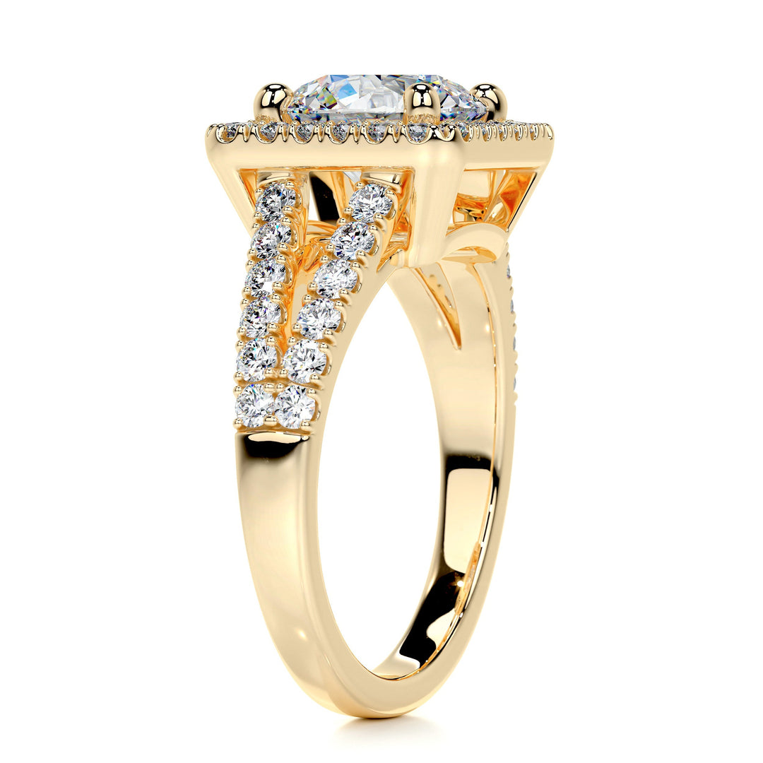 2.0 carat Round Cut Moissanite Halo Split Shank Engagement Ring