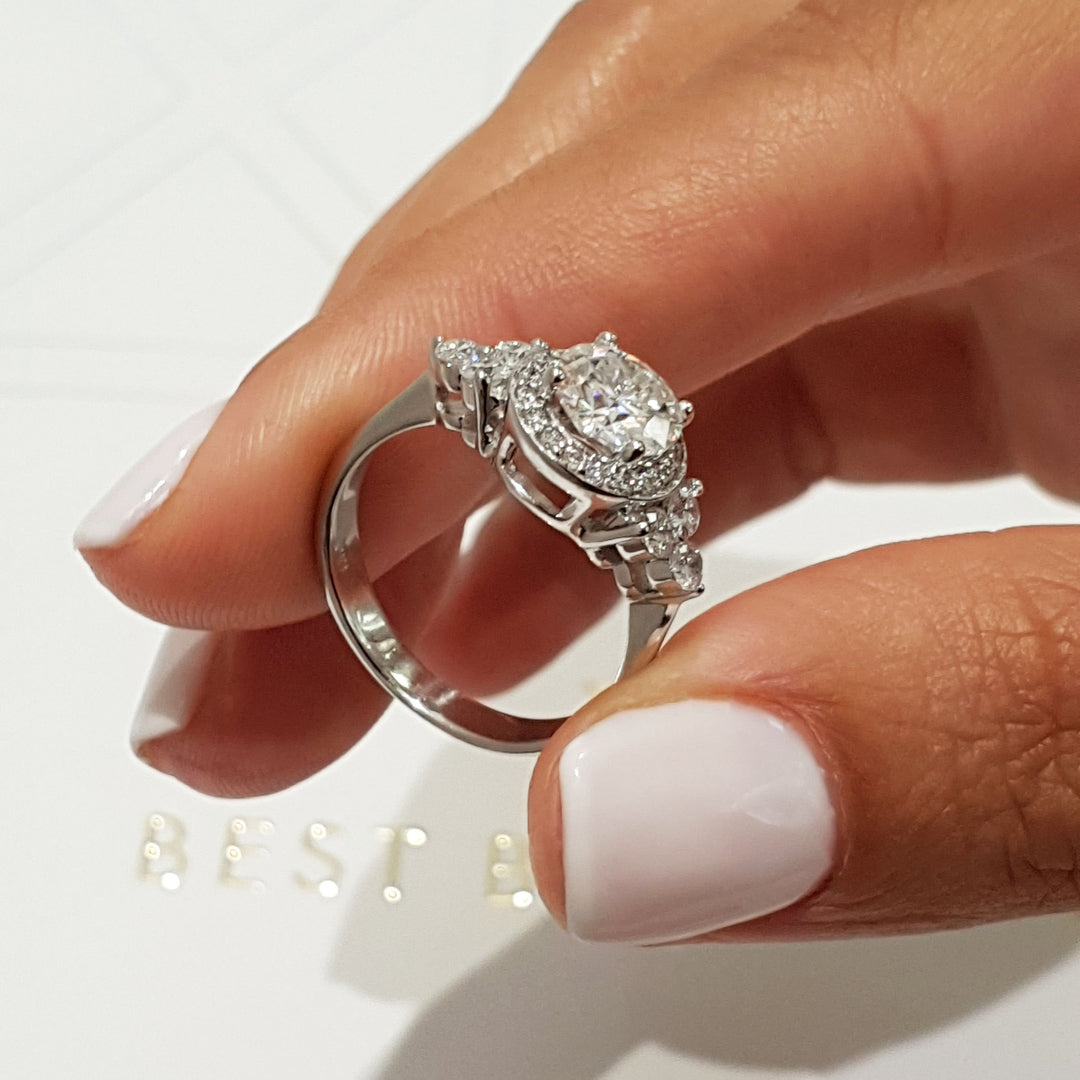 1.60ct Bezel Setting Round Cut Unique Halo Style Moissanite Engagement Ring
