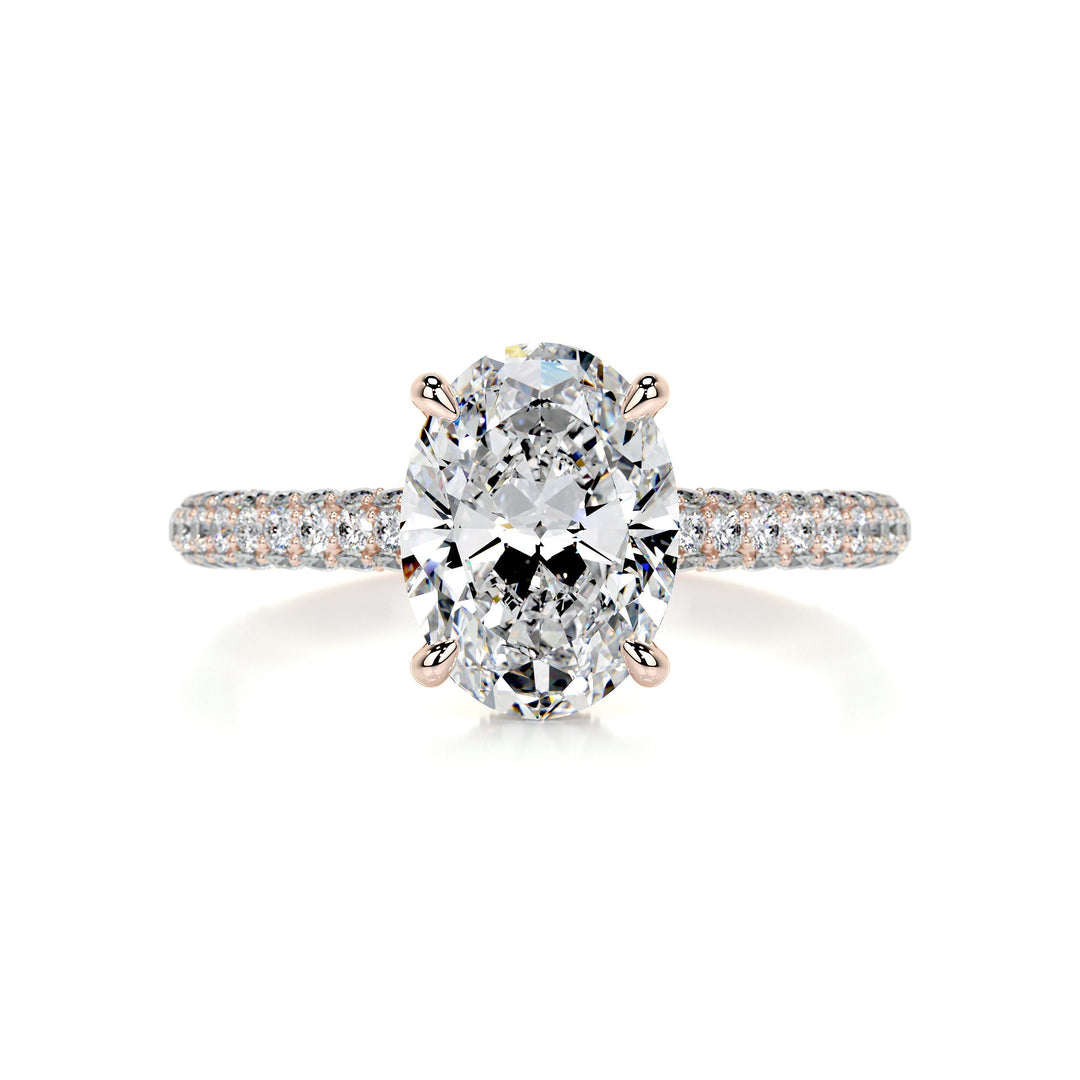 3.0 Carat Oval Cut Hidden Halo Moissanite 3 Side Pave Engagement Ring
