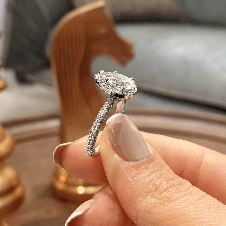 2.0 Carat Pear Cut Halo Style Pave Moissanite Engagement Ring