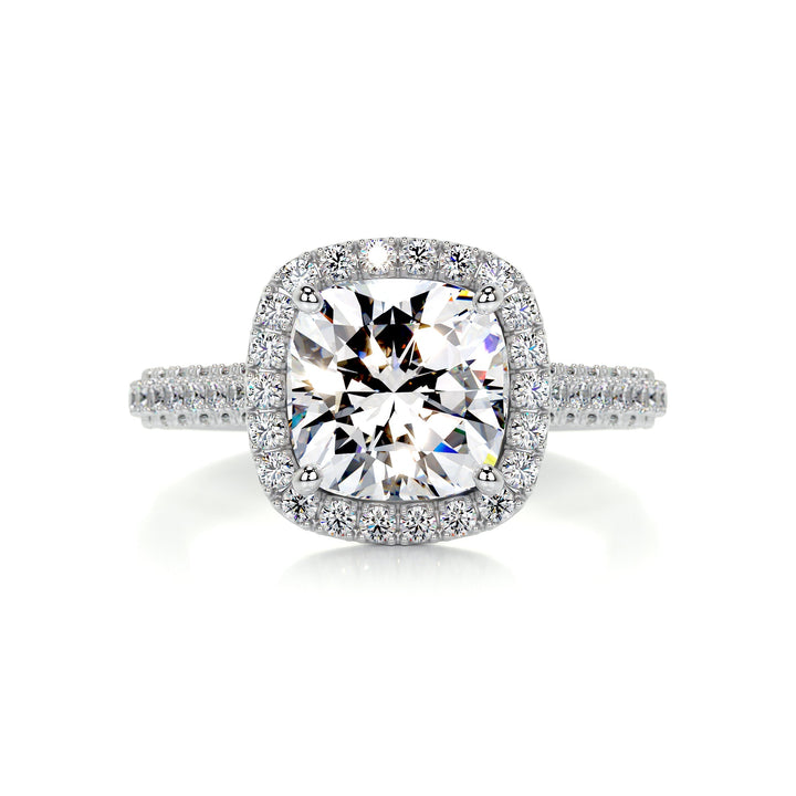 2.5ct Cushion Cut Halo Style Moissanite 3 Side Pave Engagement Ring