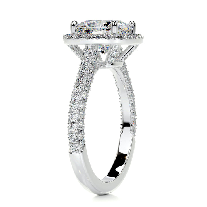2.5ct Cushion Cut Halo Style Moissanite 3 Side Pave Engagement Ring