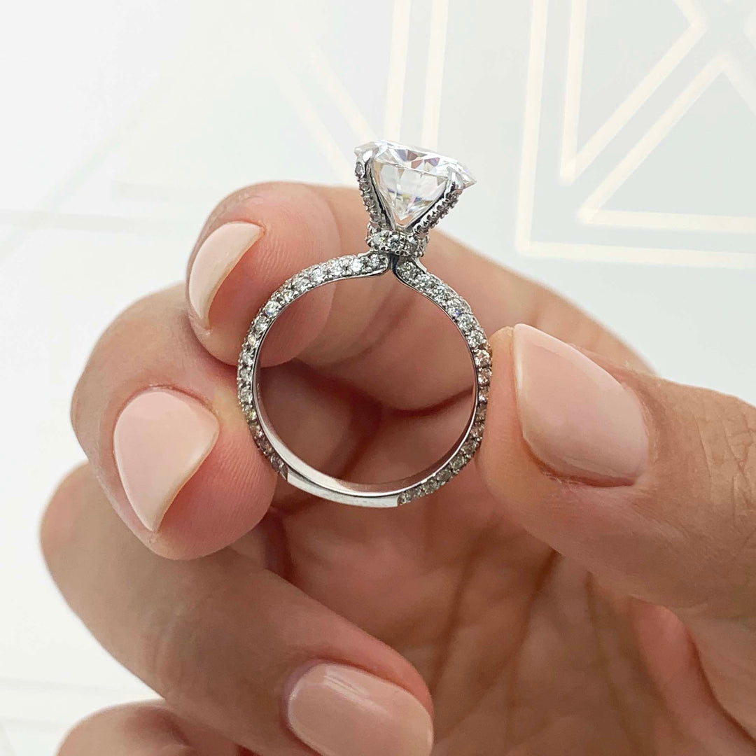 3.12 Carat Round Cut Hidden Halo Moissanite 3 Side Pave Diamond Engagement Ring