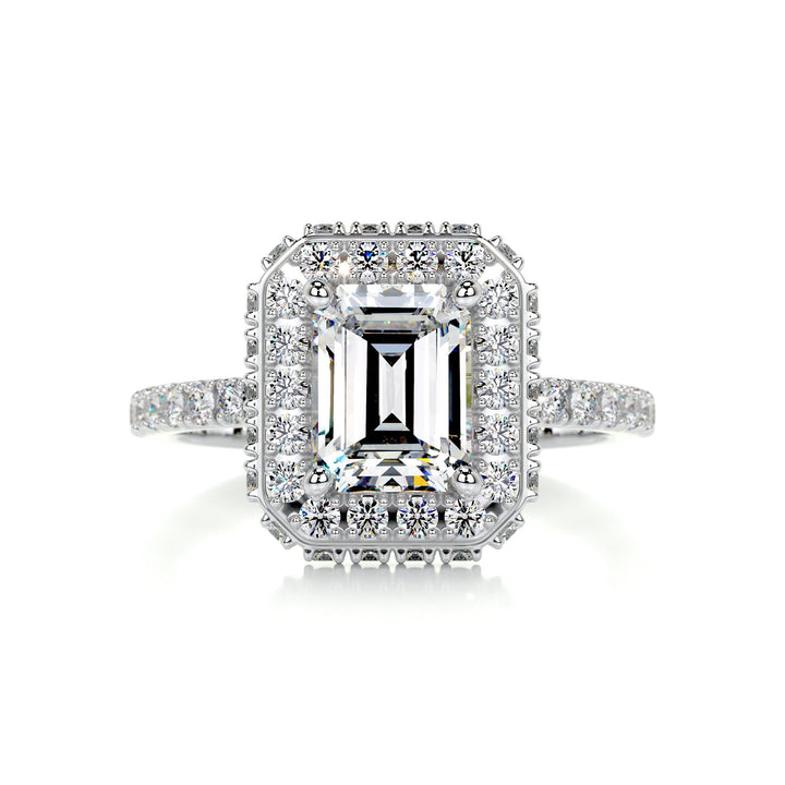 0.95ct Emerald Cut Double Halo Moissanite Pave Engagement Ring