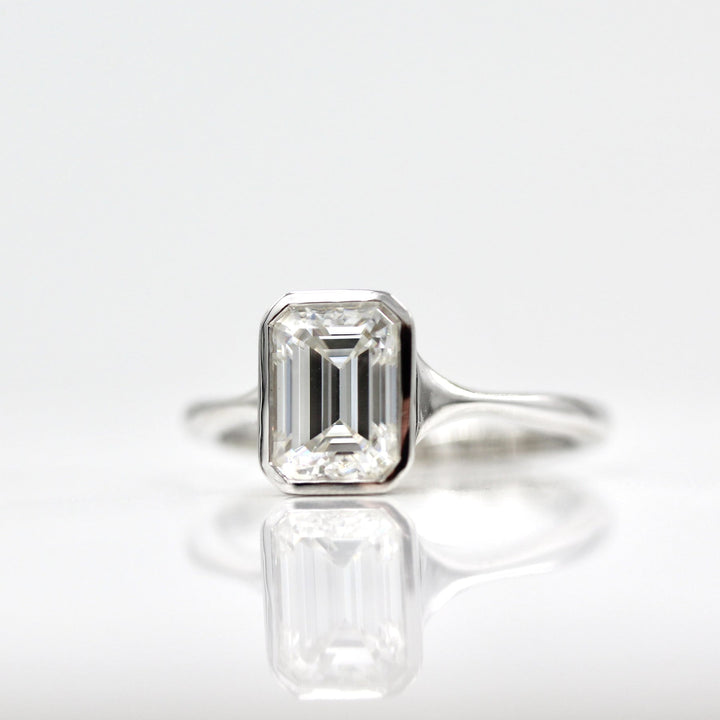 1.7ct Emerald Cut Bezel Solitaire Moissanite Diamond Engagement Ring