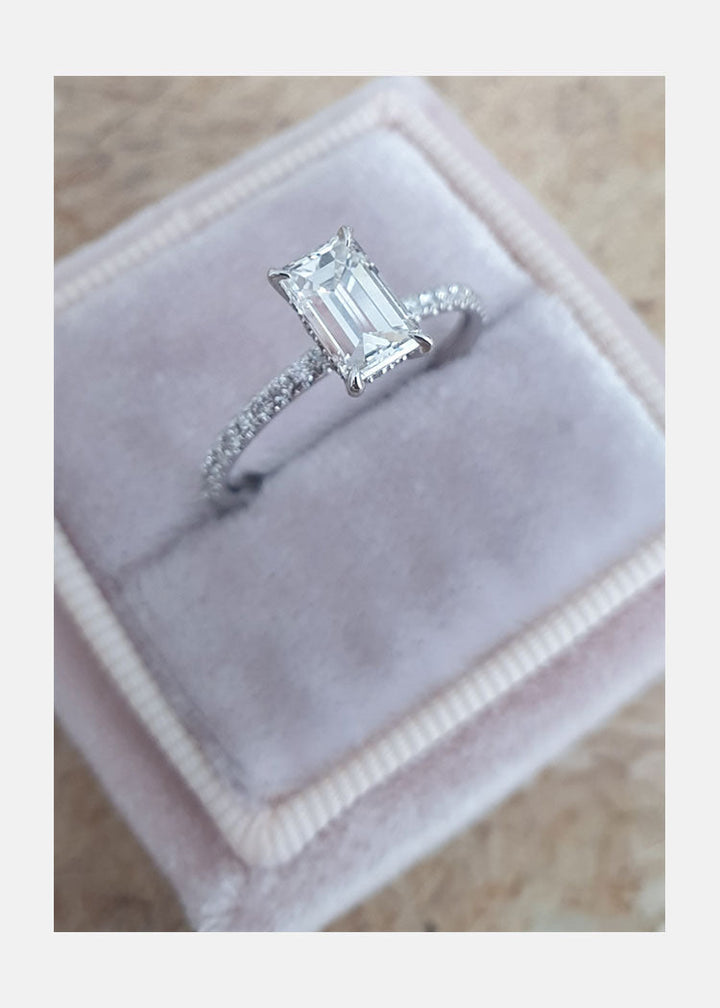 1.0ct Emerald Cut Moissanite Diamond Hidden Halo Engagement Ring
