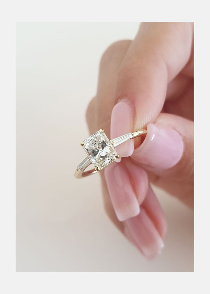 Radiant Cut 3 Stone Diamond Halo 14K Yellow Gold Engagement Ring