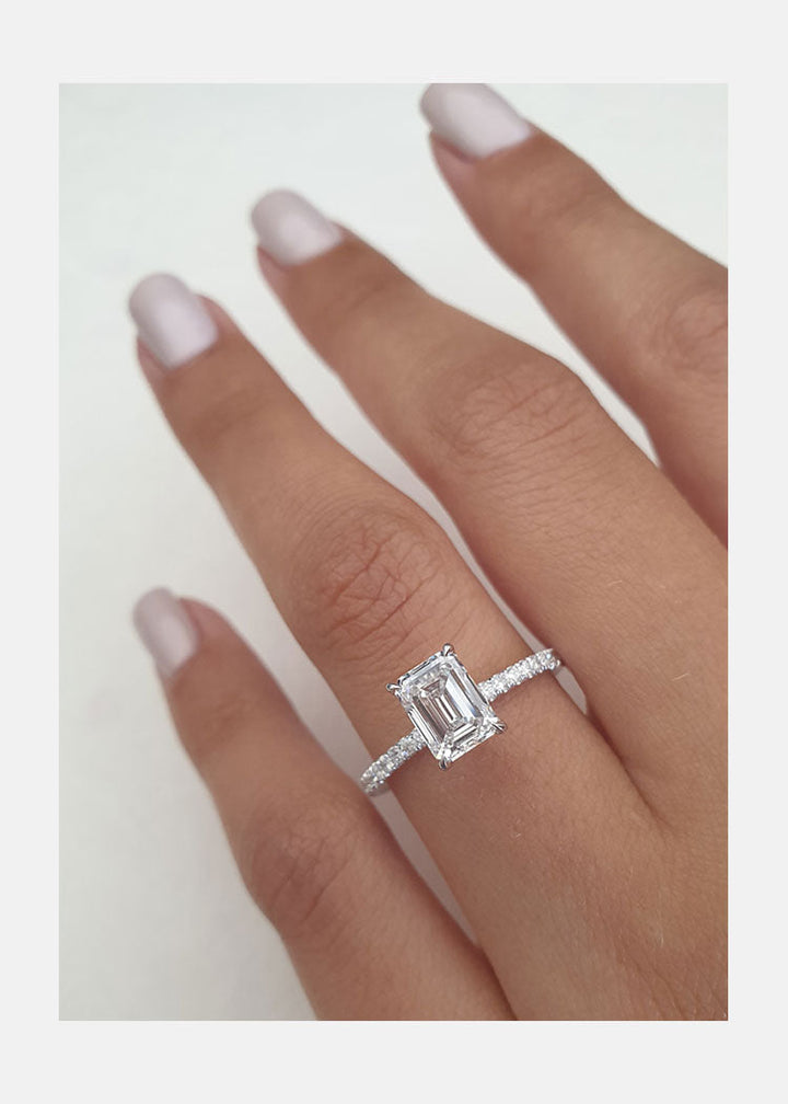 1.25ct Emerald Cut Moissanite Diamond Hidden Halo Engagement Ring
