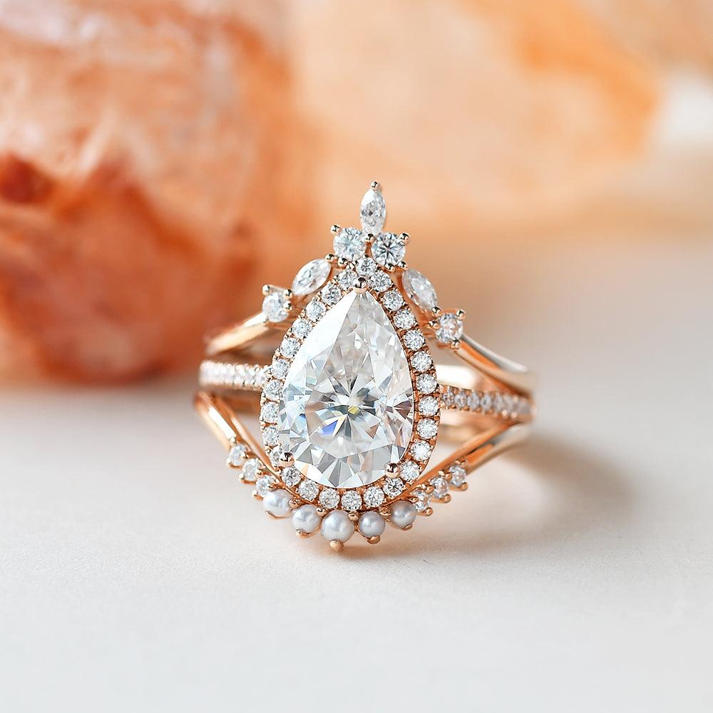 3.50ct Pear Cut Halo Moissanite Vintage Style Inspired Bridal Ring Sets (3 Pcs)