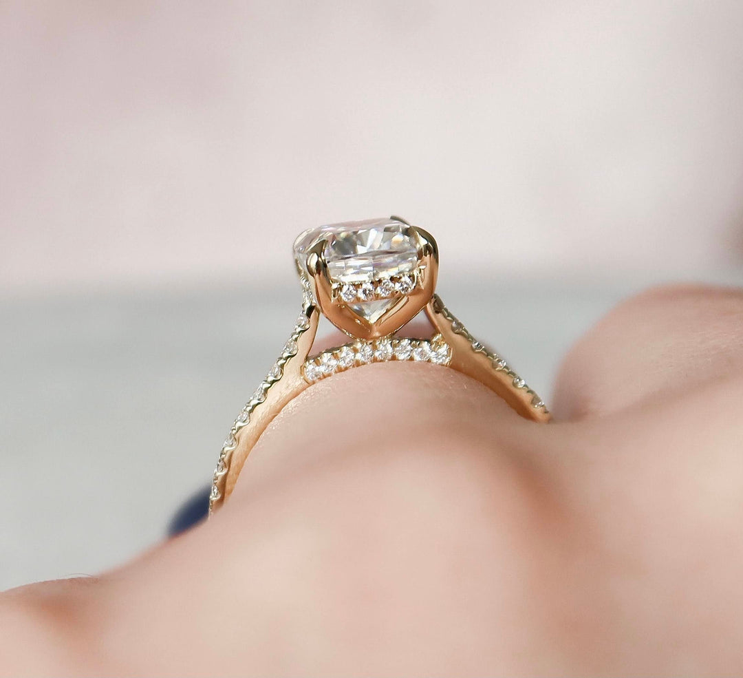 Cushion Cut Moissanite Cathedral Setting Hidden Halo