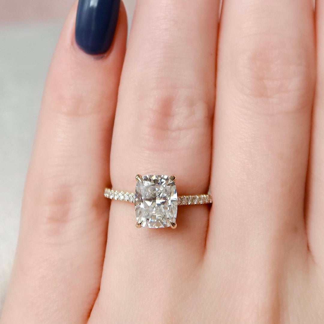 Cushion Cut Moissanite Cathedral Setting Hidden Halo Engagement Ring