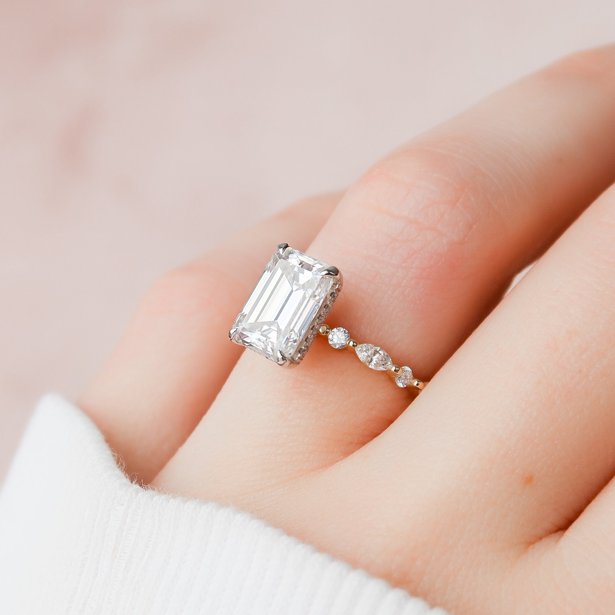 3.00 CT Emerald Cut Moissanite Engagement Ring, Solitaire With Accent Ring, Hidden Halo Ring, Emerald Cut cheapest Wedding Ring, 14K White Gold Ring