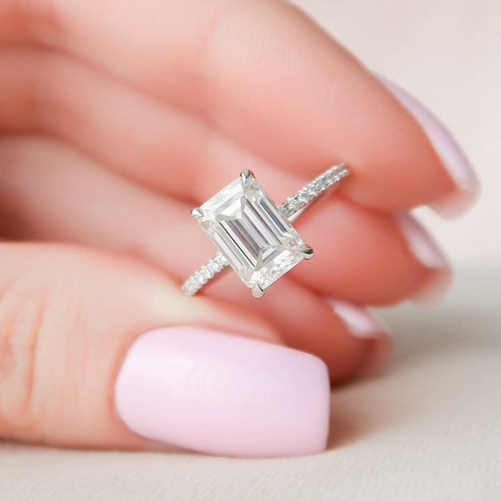 2.50CT Emerald Cut Hidden Halo Moissanite Pave Engagement Ring