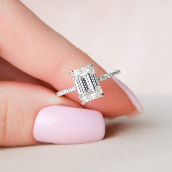 2.50CT Emerald Cut Hidden Halo Moissanite Pave Engagement Ring